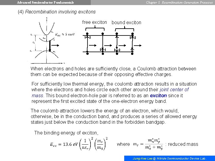 Advanced Semiconductor Fundamentals Chapter 5. Recombination-Generation Processes (4) Recombination involving excitons free exciton bound