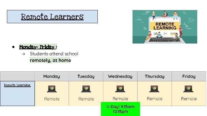 Remote Learners ● Monday- Friday : ○ Students attend school remotely, at home. Remote