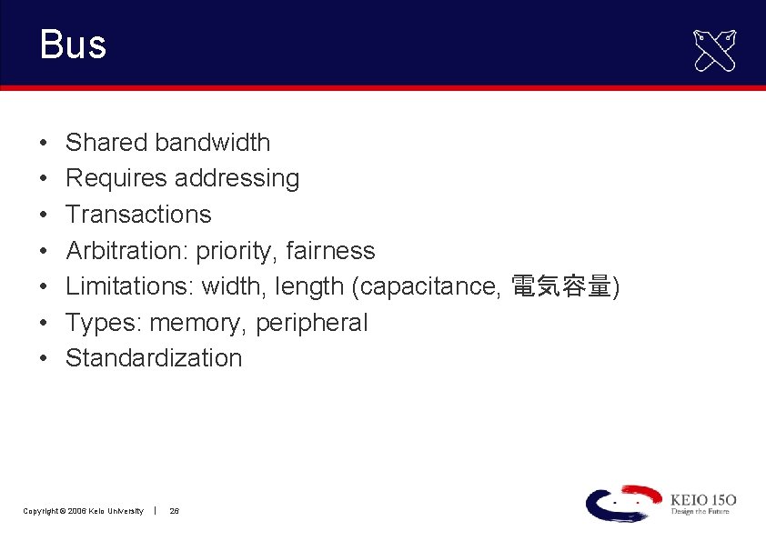 Bus • • Shared bandwidth Requires addressing Transactions Arbitration: priority, fairness Limitations: width, length