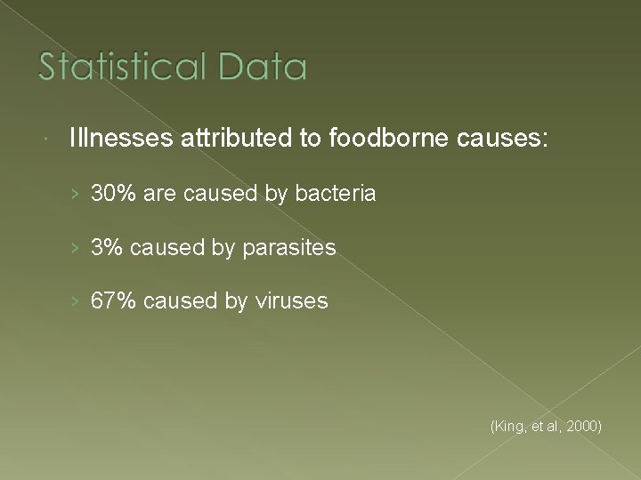  Illnesses attributed to foodborne causes: › 30% are caused by bacteria › 3%