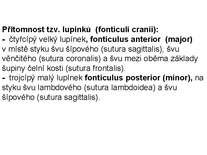 Přítomnost tzv. lupínků (fonticuli cranii): - čtyřcípý velký lupínek, fonticulus anterior (major) v místě