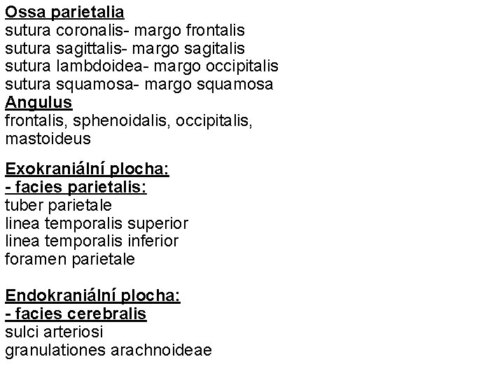 Ossa parietalia sutura coronalis- margo frontalis sutura sagittalis- margo sagitalis sutura lambdoidea- margo occipitalis