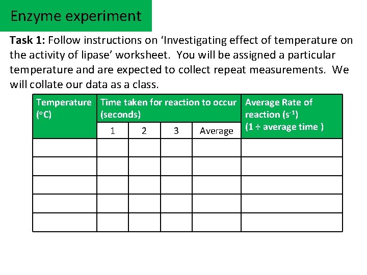 Enzyme experiment Task 1: Follow instructions on ‘Investigating effect of temperature on the activity Enzyme experiment Task 1: Follow instructions on ‘Investigating effect of temperature on the activity