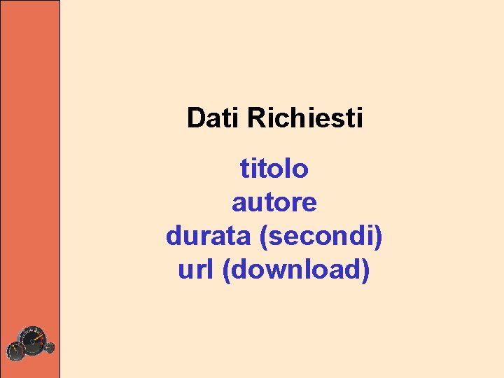 Dati Richiesti titolo autore durata (secondi) url (download) 