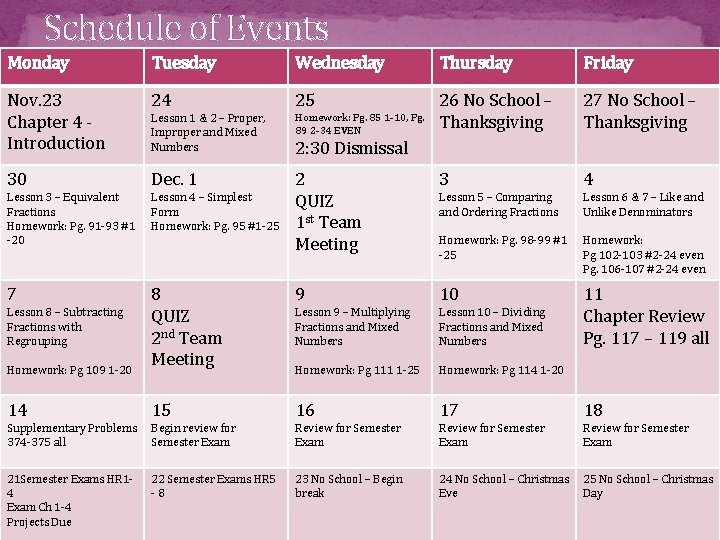 Schedule of Events Monday Tuesday Wednesday Thursday Friday Nov. 23 Chapter 4 Introduction 24