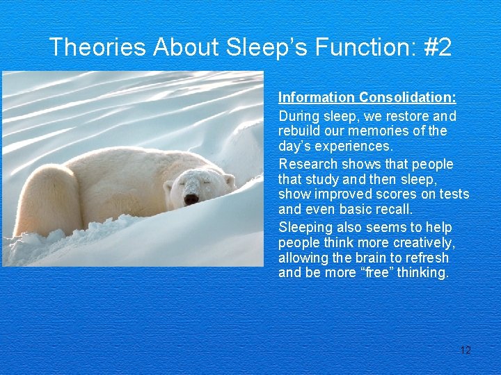 Theories About Sleep’s Function: #2 • Information Consolidation: • During sleep, we restore and