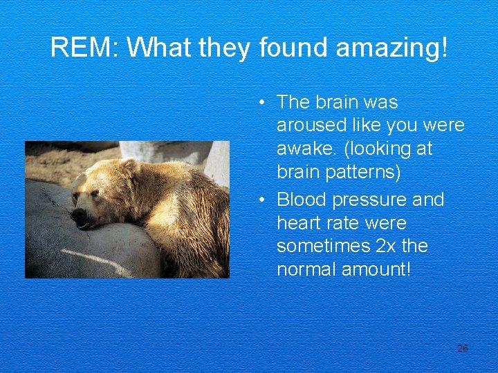 REM: What they found amazing! • The brain was aroused like you were awake.