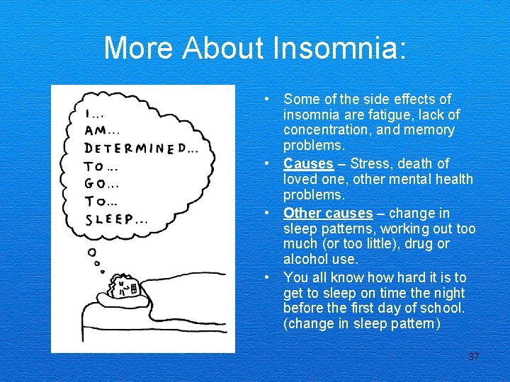 More About Insomnia: • Some of the side effects of insomnia are fatigue, lack