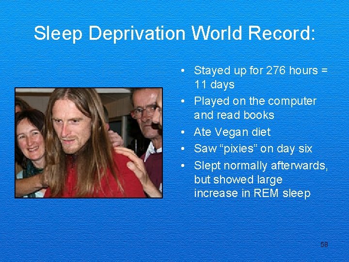 Sleep Deprivation World Record: • Stayed up for 276 hours = 11 days •