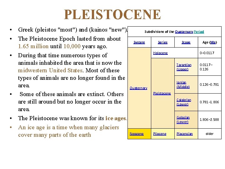 PLEISTOCENE • Greek (pleistos "most") and (kainos "new"). Subdivisions of the Quaternary Period •