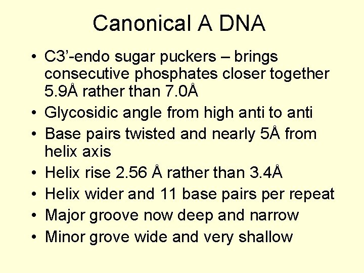 Canonical A DNA • C 3’-endo sugar puckers – brings consecutive phosphates closer together