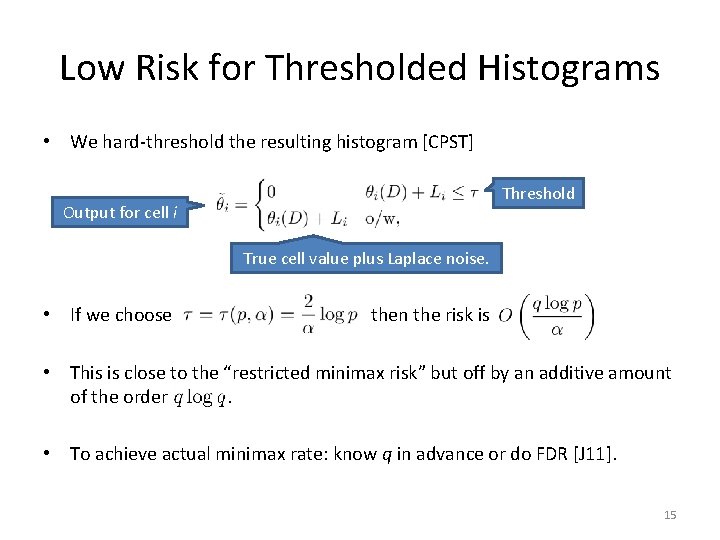 Low Risk for Thresholded Histograms • We hard-threshold the resulting histogram [CPST] Threshold Output