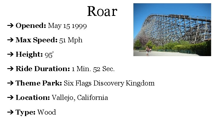 Roar ➔ Opened: May 15 1999 ➔ Max Speed: 51 Mph ➔ Height: 95’