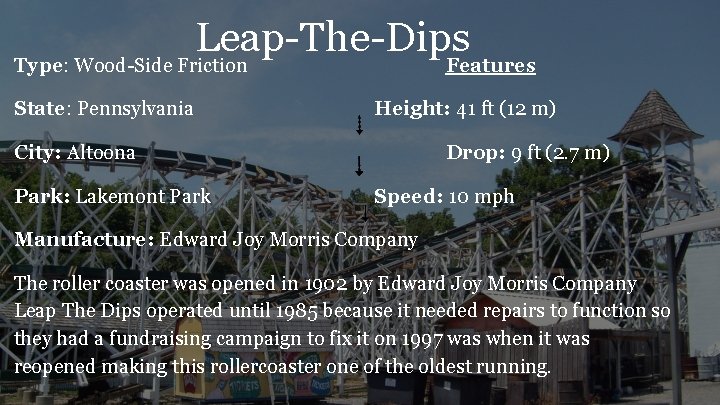 Leap-The-Dips Type: Wood-Side Friction State: Pennsylvania Features Height: 41 ft (12 m) City: Altoona