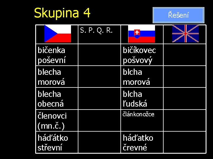 Skupina 4 Řešení S. P. Q. R. bičenka poševní blecha morová blecha obecná členovci