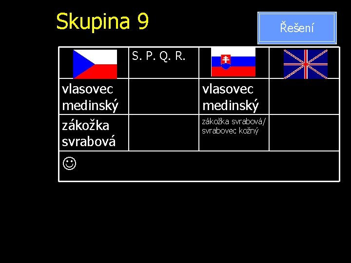 Skupina 9 Řešení S. P. Q. R. vlasovec medinský zákožka svrabová/ svrabovec kožný 