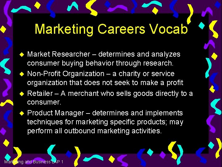 Marketing Careers Vocab u u Market Researcher – determines and analyzes consumer buying behavior