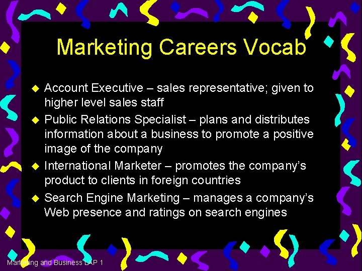 Marketing Careers Vocab u u Account Executive – sales representative; given to higher level