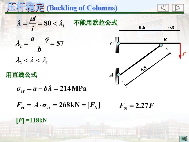 (Buckling of Columns) 不能用欧拉公式 0. 6 0. 3 B C F 用直线公式 [F] =118