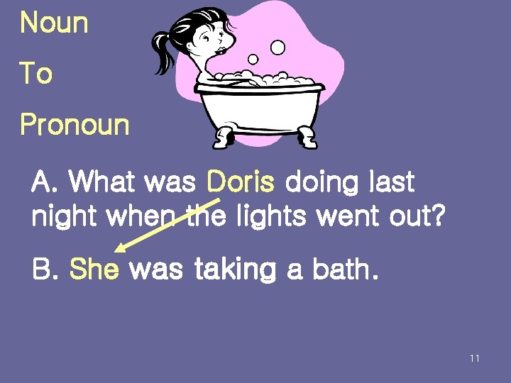 Noun To Pronoun A. What was Doris doing last night when the lights went