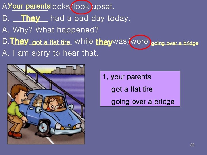 A. Your parentslooks/look upset. B. They had a bad day today. A. Why? What