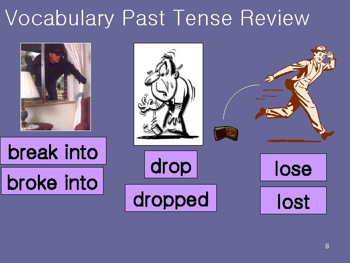 Vocabulary Past Tense Review break into broke into drop lose dropped lost 8 