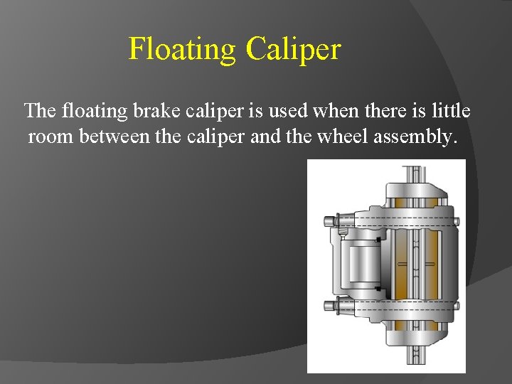 Floating Caliper The floating brake caliper is used when there is little room between