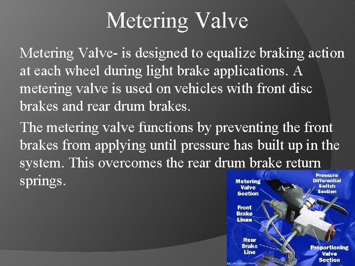 Metering Valve- is designed to equalize braking action at each wheel during light brake