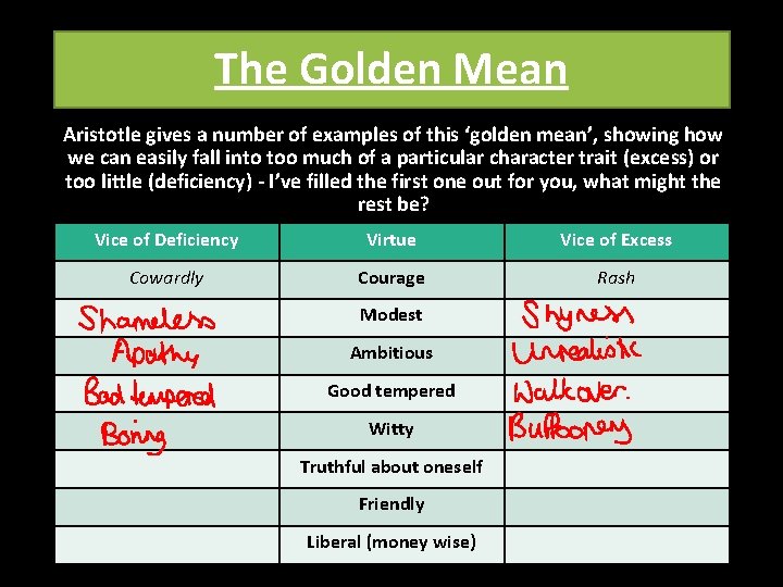 The Golden Mean Aristotle gives a number of examples of this ‘golden mean’, showing