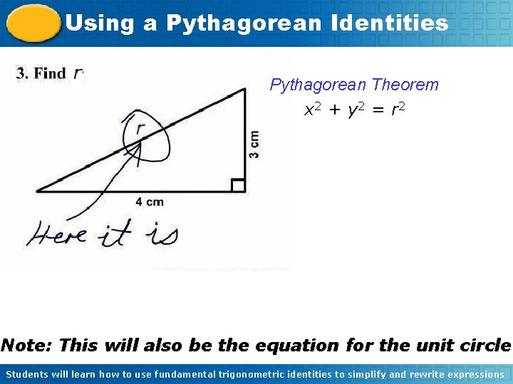 Using a Pythagorean Identities Pythagorean Theorem x 2 + y 2 = r 2