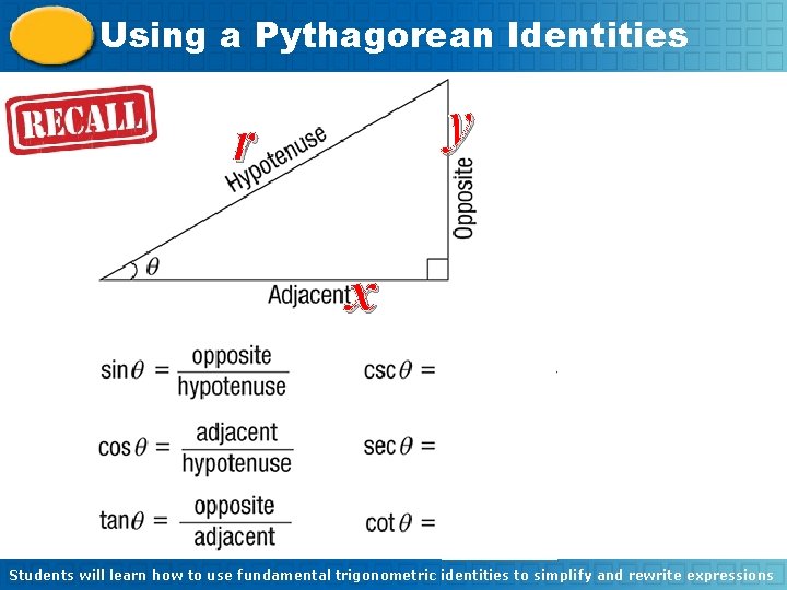 Using a Pythagorean Identities y r x Students will learn how to use fundamental