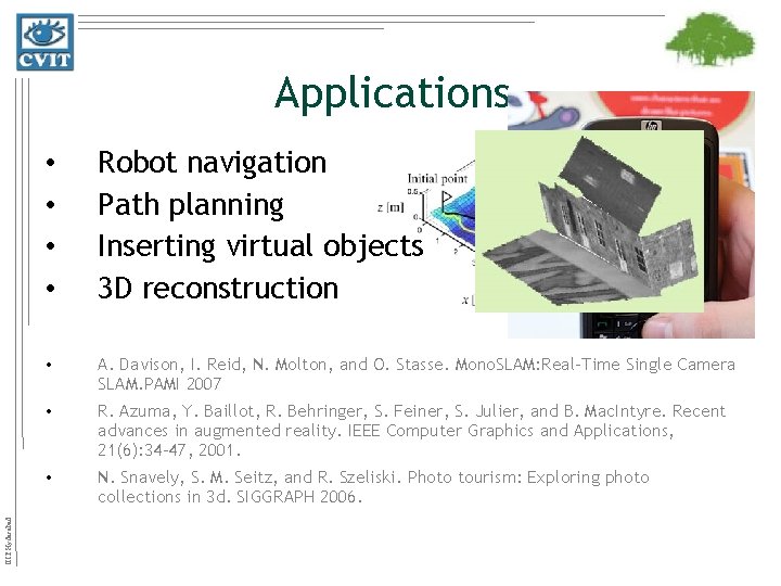 IIIT Hyderabad Applications • • Robot navigation Path planning Inserting virtual objects 3 D