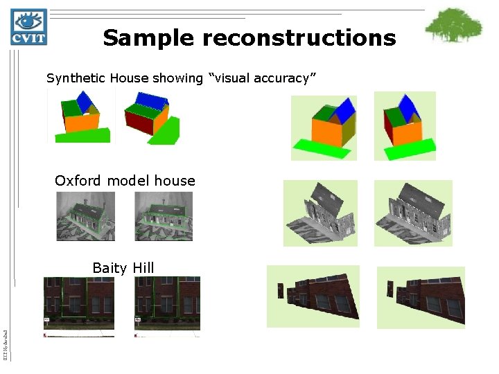 Sample reconstructions Synthetic House showing “visual accuracy” Oxford model house IIIT Hyderabad Baity Hill
