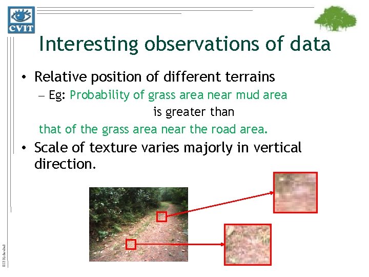Interesting observations of data • Relative position of different terrains – Eg: Probability of