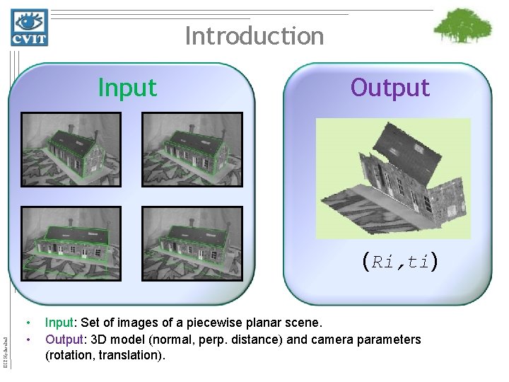 Introduction Input Output IIIT Hyderabad (Ri, ti) • • Input: Set of images of