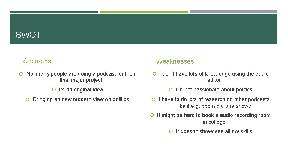 SWOT Strengths Weaknesses Not many people are doing a podcast for their final major