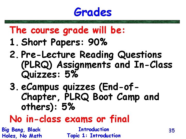 Grades The course grade will be: 1. Short Papers: 90% 2. Pre-Lecture Reading Questions