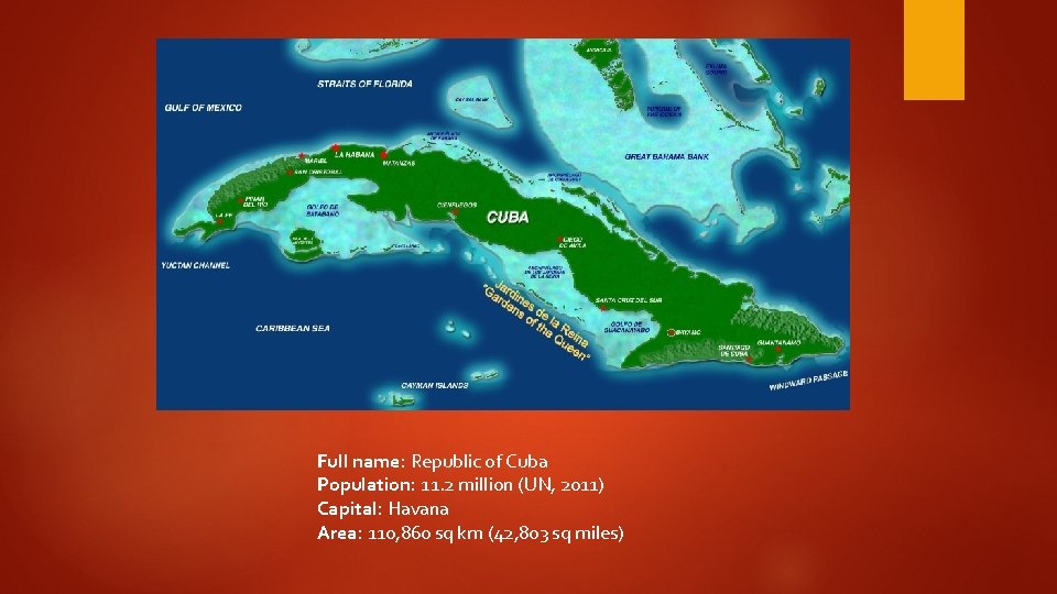Full name: Republic of Cuba Population: 11. 2 million (UN, 2011) Capital: Havana Area: