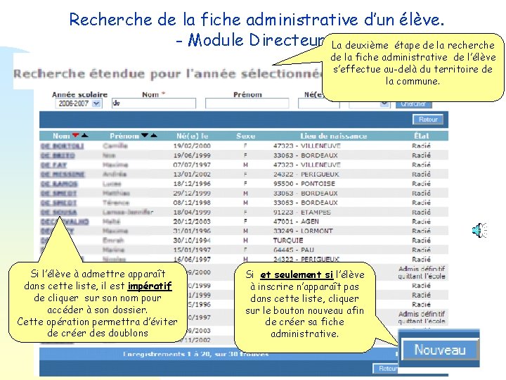 Recherche de la fiche administrative d’un élève. - Module Directeur -La deuxième étape de