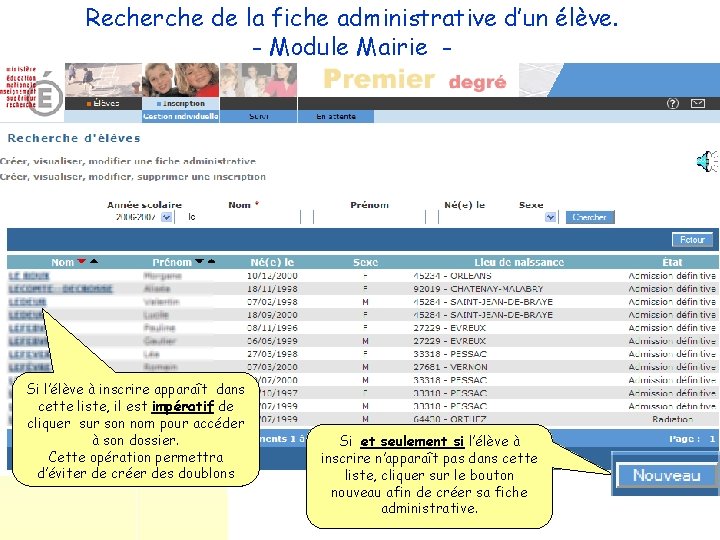 Recherche de la fiche administrative d’un élève. - Module Mairie - Si l’élève à