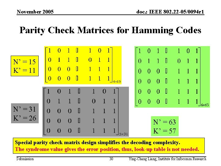 November 2005 doc. : IEEE 802. 22 -05/0094 r 1 Parity Check Matrices for