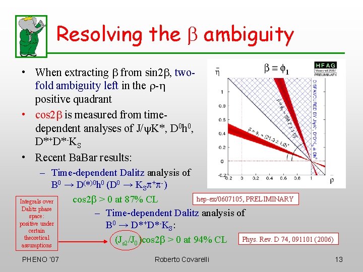 Resolving the b ambiguity • When extracting b from sin 2 b, twofold ambiguity
