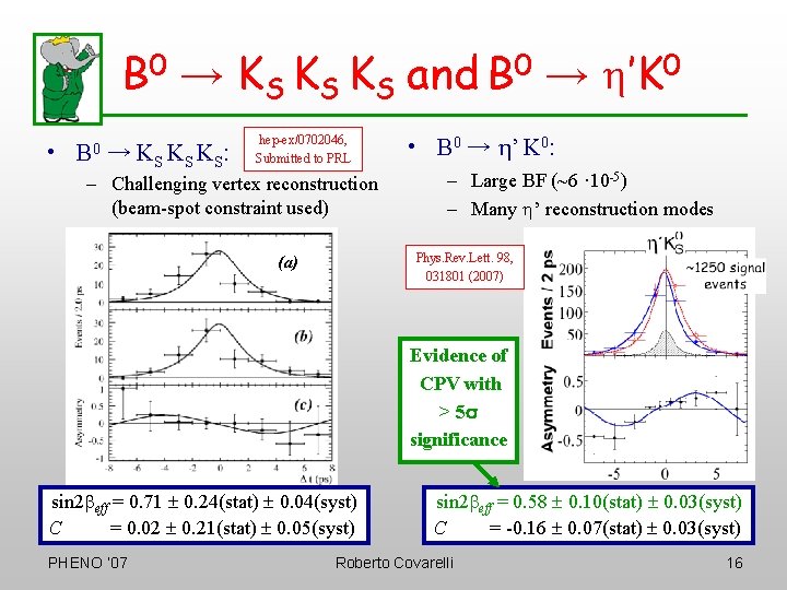 B 0 → KS KS KS and B 0 → h’K 0 • B