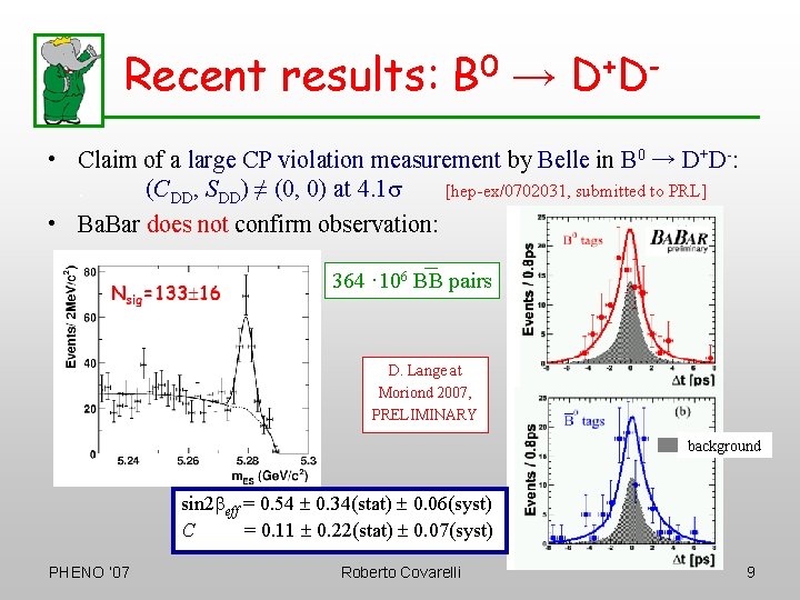 Recent results: B 0 → D+D • Claim of a large CP violation measurement