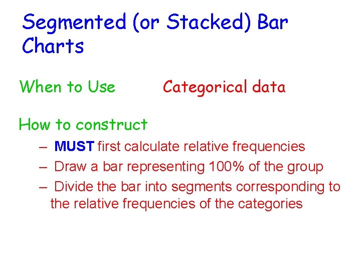 Segmented (or Stacked) Bar Charts When to Use Categorical data How to construct –