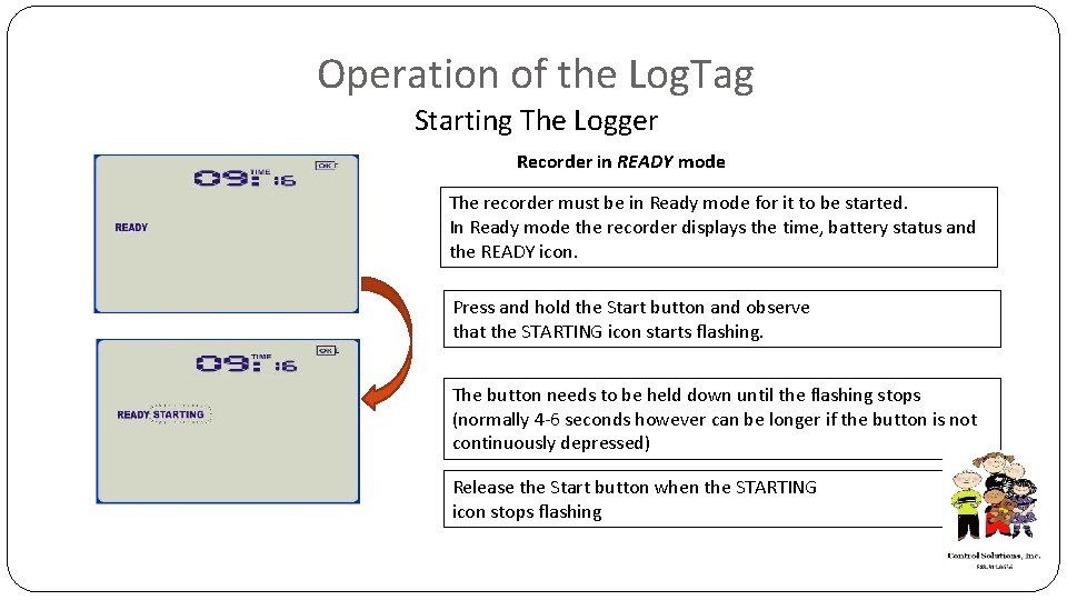 Operation of the Log. Tag Starting The Logger Recorder in READY mode The recorder