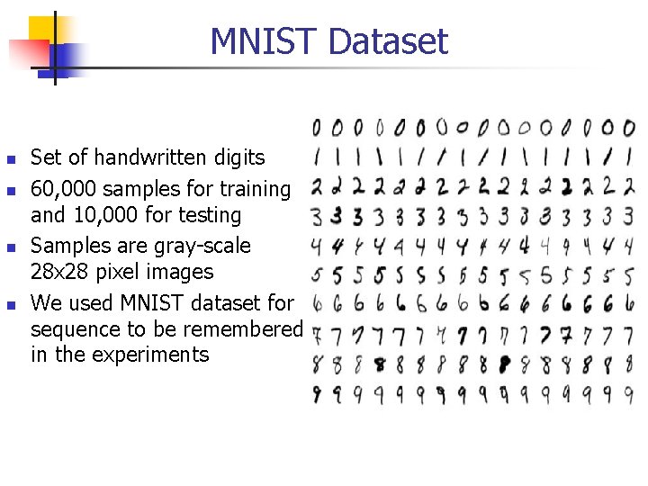 MNIST Dataset n n Set of handwritten digits 60, 000 samples for training and