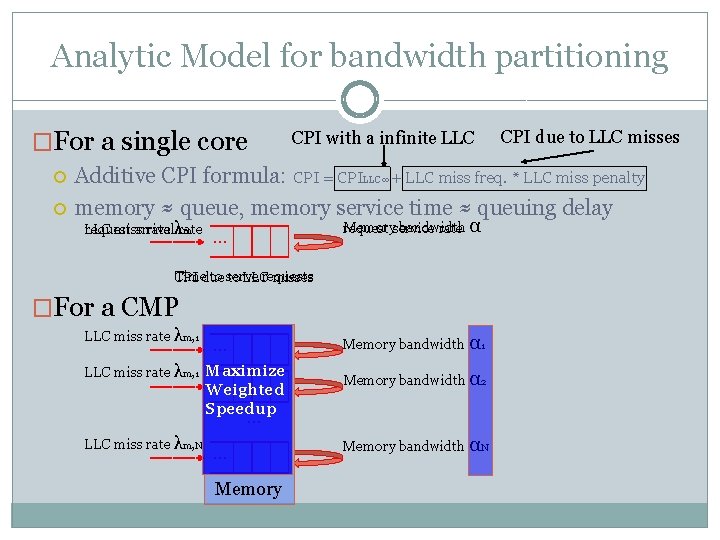 Analytic Model for bandwidth partitioning �For a single core CPI with a infinite LLC