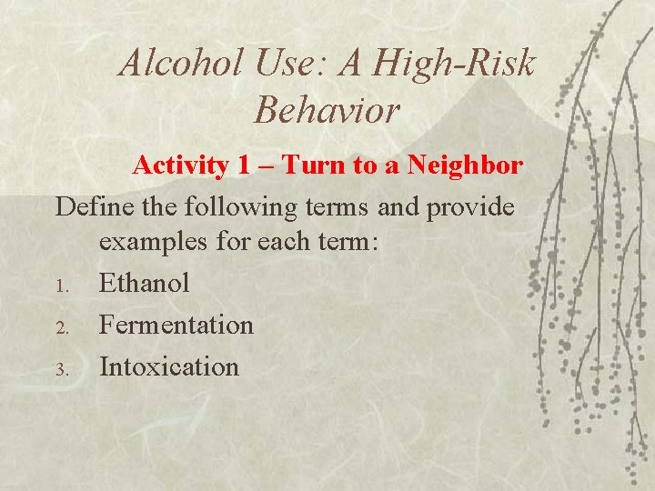 Alcohol Use: A High-Risk Behavior Activity 1 – Turn to a Neighbor Define the