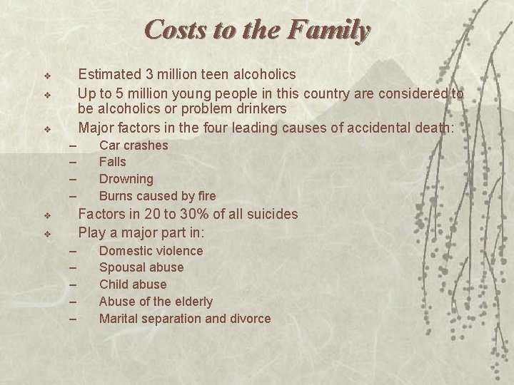 Costs to the Family Estimated 3 million teen alcoholics Up to 5 million young